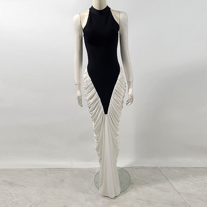 Halter Maxi Dress with Contrasting Ruched Paneling - Black/White