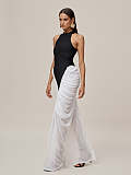 Halter Maxi Dress with Contrasting Ruched Paneling - Black/White