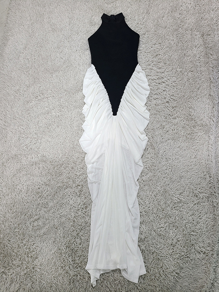 Halter Maxi Dress with Contrasting Ruched Paneling - Black/White