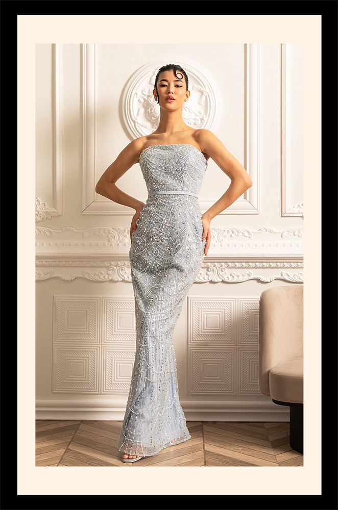 Glamourous Beaded Gown With Detachable Veil - Blue