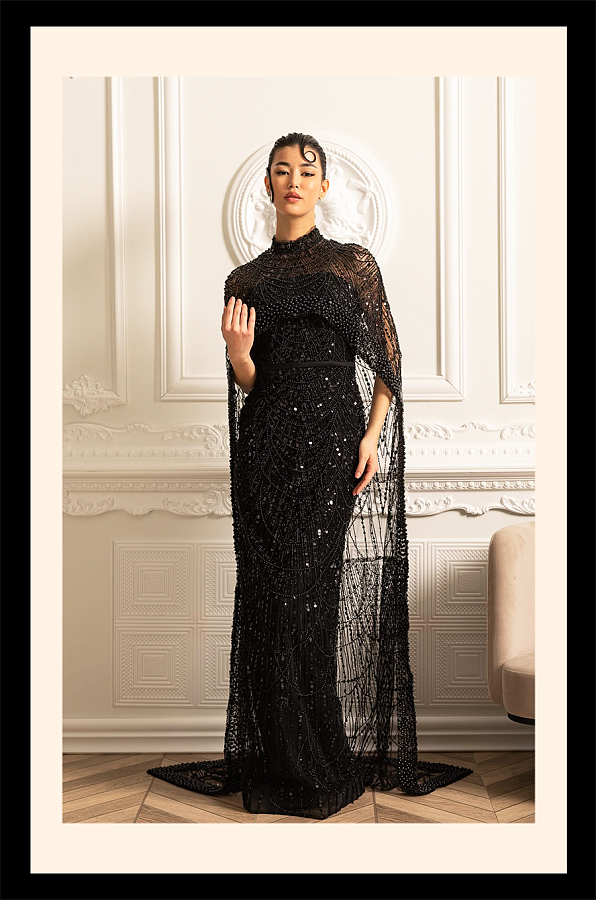 Glamourous Beaded Gown With Detachable Veil - Black