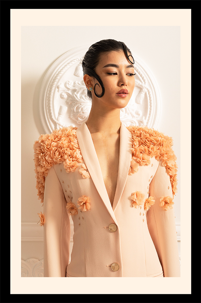 Long Overcoat With 3D Contrasting Floral Shoulder And Back Accents - Peach