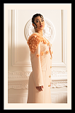 Long Overcoat With 3D Contrasting Floral Shoulder And Back Accents - Peach