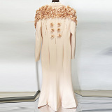 Long Overcoat With 3D Contrasting Floral Shoulder And Back Accents - Peach