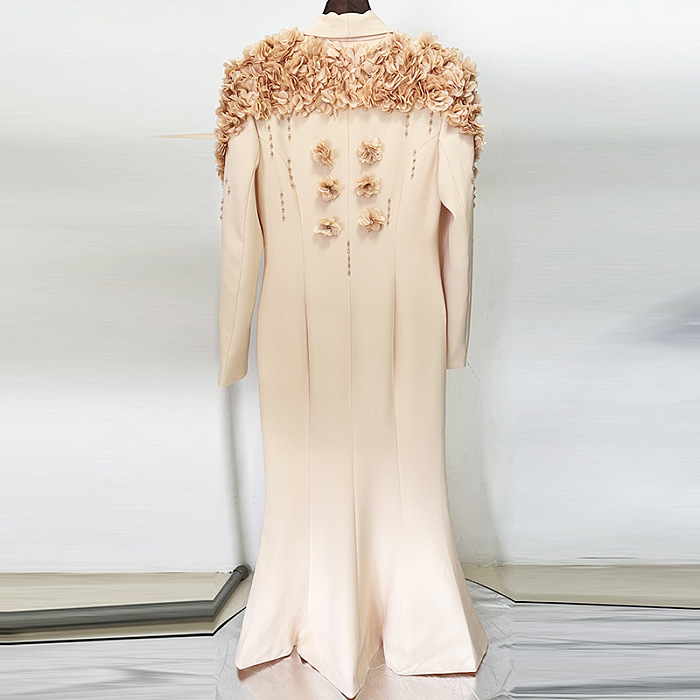 Long Overcoat With 3D Contrasting Floral Shoulder And Back Accents - Peach