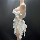 Ethereal Mini Dress With Sheer Wings Texture And Crystal Embellishments - White