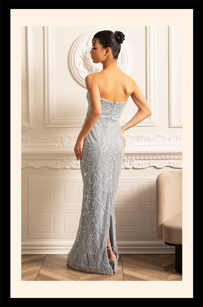 Glamourous Beaded Gown With Detachable Veil - Blue