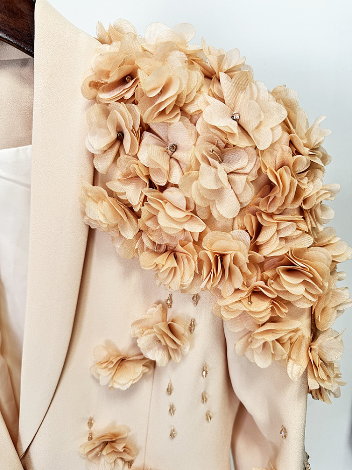 Long Overcoat With 3D Contrasting Floral Shoulder And Back Accents - Peach