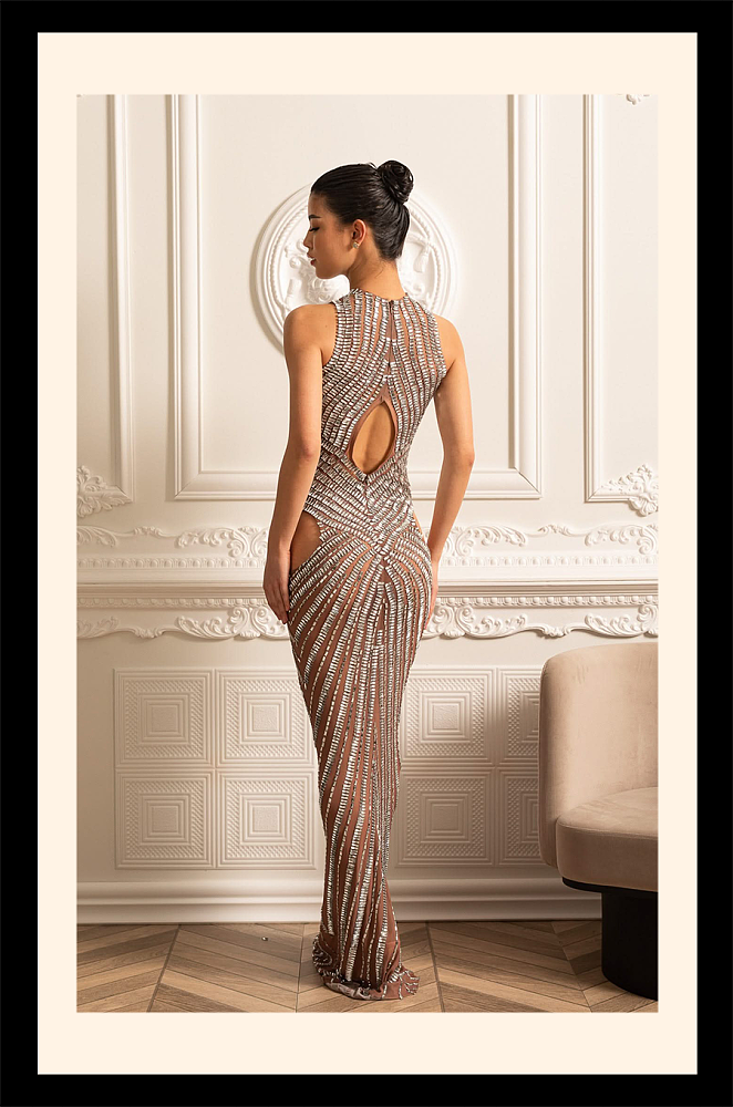 Crystal Embellished Fitted Gown With Front, Back And Hip Cutouts - Beige