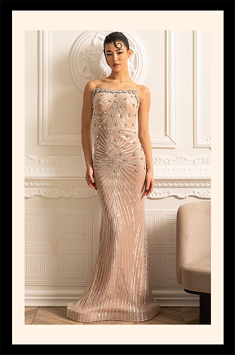 Sophisticated Evening Gown With Shimmering Sequin Embellishments - Beige