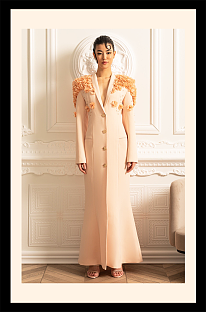 Long Overcoat With 3D Contrasting Floral Shoulder And Back Accents - Peach
