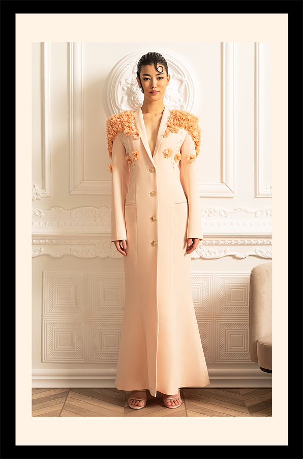 Long Overcoat With 3D Contrasting Floral Shoulder And Back Accents - Peach