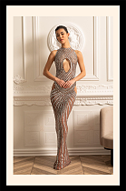 Crystal Embellished Fitted Gown With Front, Back And Hip Cutouts - Beige