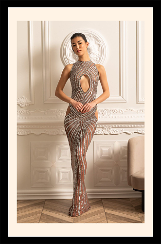 Crystal Embellished Fitted Gown With Front, Back And Hip Cutouts - Beige