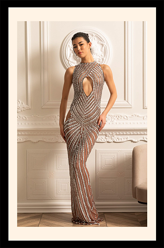 Crystal Embellished Fitted Gown With Front, Back And Hip Cutouts - Beige