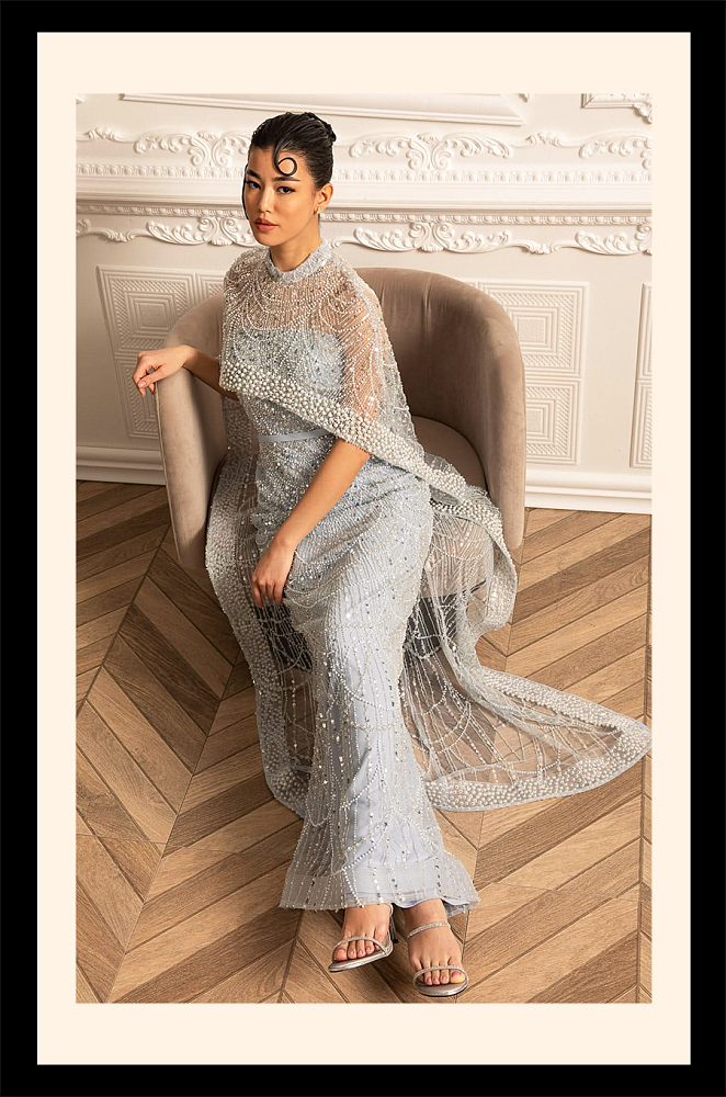 Glamourous Beaded Gown With Detachable Veil - Blue