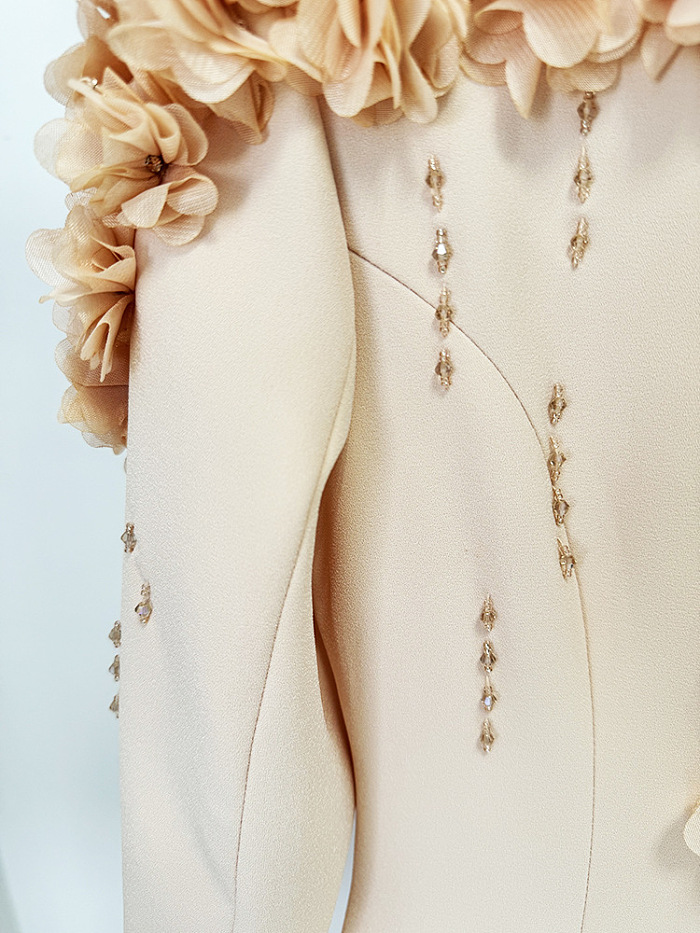 Long Overcoat With 3D Contrasting Floral Shoulder And Back Accents - Peach