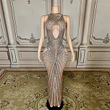 Crystal Embellished Fitted Gown With Front, Back And Hip Cutouts - Beige