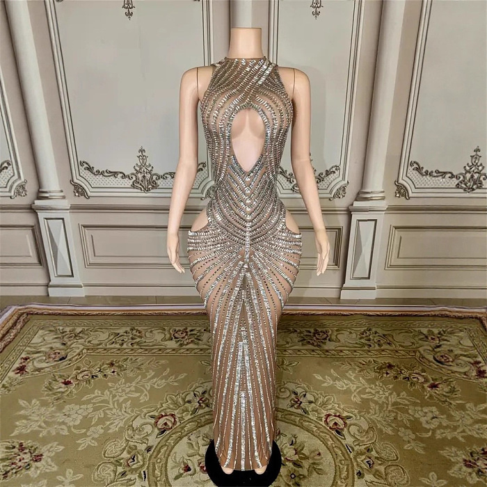 Crystal Embellished Fitted Gown With Front, Back And Hip Cutouts - Beige