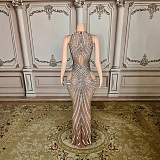 Crystal Embellished Fitted Gown With Front, Back And Hip Cutouts - Beige