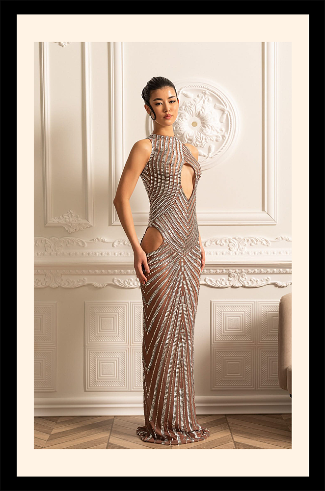 Crystal Embellished Fitted Gown With Front, Back And Hip Cutouts - Beige