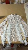 Long Sleeved Sheer Dress With Sequin Embellishments And Feather Accents - Beige