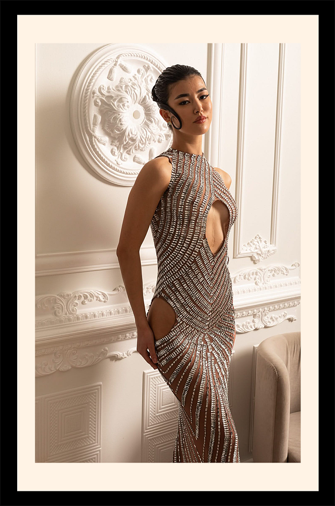Crystal Embellished Fitted Gown With Front, Back And Hip Cutouts - Beige