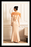Long Overcoat With 3D Contrasting Floral Shoulder And Back Accents - Peach