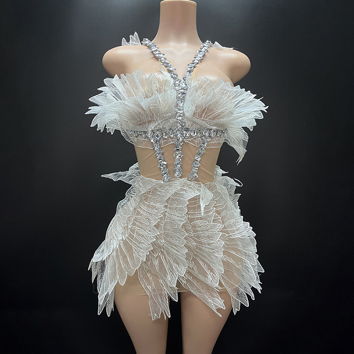 Ethereal Mini Dress With Sheer Wings Texture And Crystal Embellishments - White