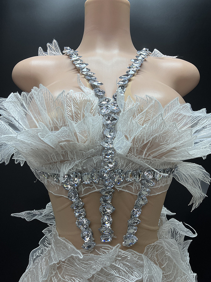 Ethereal Mini Dress With Sheer Wings Texture And Crystal Embellishments - White