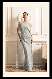Glamourous Beaded Gown With Detachable Veil - Blue