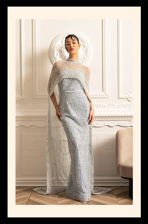 Glamourous Beaded Gown With Detachable Veil - Blue