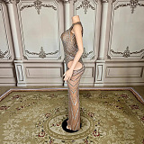 Crystal Embellished Fitted Gown With Front, Back And Hip Cutouts - Beige