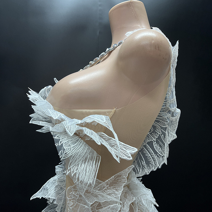 Ethereal Mini Dress With Sheer Wings Texture And Crystal Embellishments - White