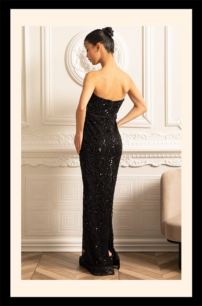 Glamourous Beaded Gown With Detachable Veil - Black
