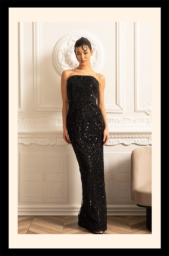 Glamourous Beaded Gown With Detachable Veil - Black