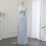 Glamourous Beaded Gown With Detachable Veil - Blue