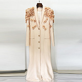 Long Overcoat With 3D Contrasting Floral Shoulder And Back Accents - Peach