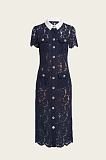 Floral Lace Midi Dress with Tailored Collar and Belted Waist - Navy