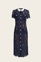 Floral Lace Midi Dress with Tailored Collar and Belted Waist - Navy