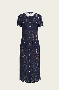 Floral Lace Midi Dress with Tailored Collar and Belted Waist - Navy