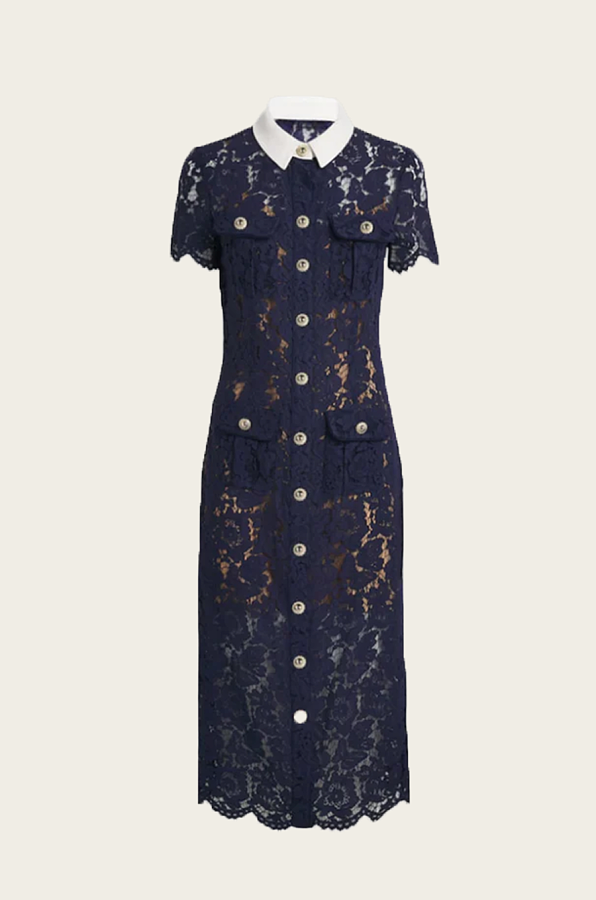 Floral Lace Midi Dress with Tailored Collar and Belted Waist - Navy