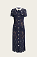 Floral Lace Midi Dress with Tailored Collar and Belted Waist - Navy