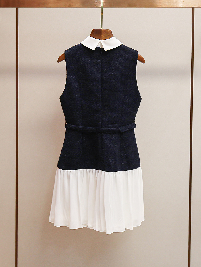 Structured Sleeveless Dress with Pleated Skirt and Contrast Collar - Navy/White