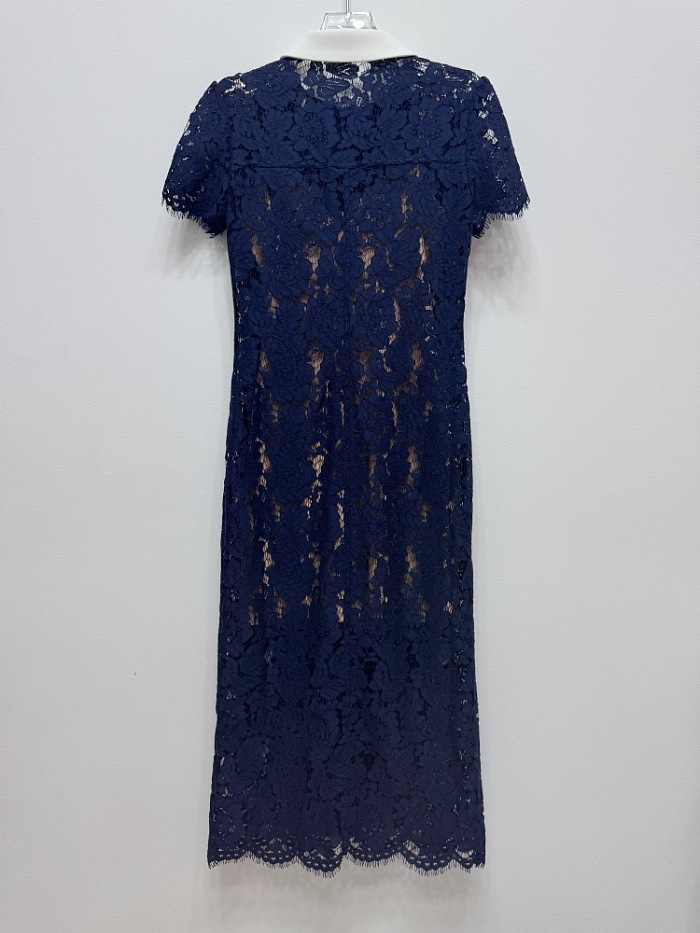 Floral Lace Midi Dress with Tailored Collar and Belted Waist - Navy