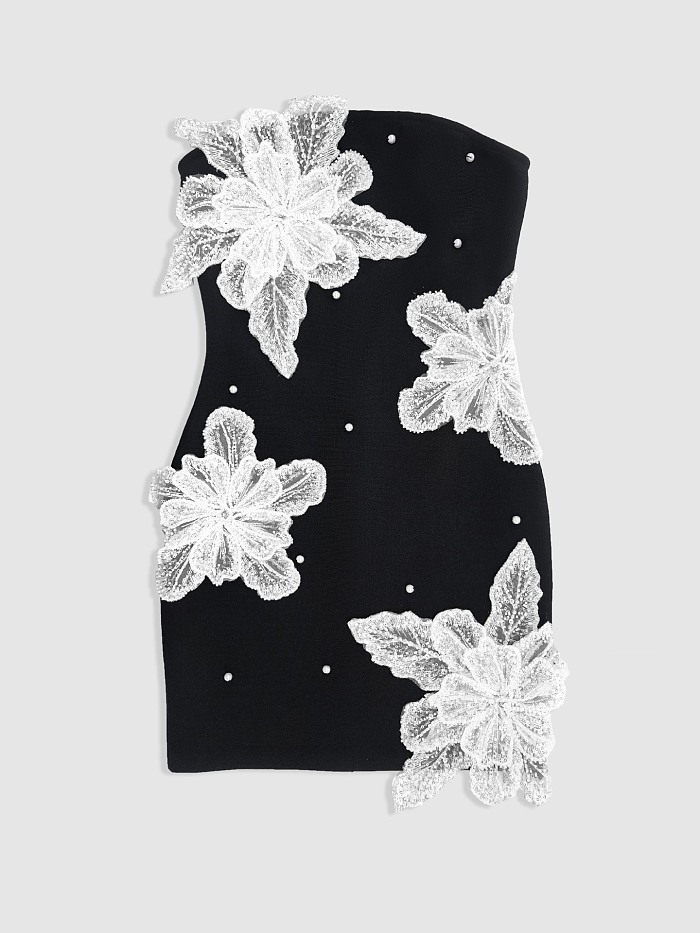 Strapless Mini Dress With Contrasting Lace Flower Embellishments - Black