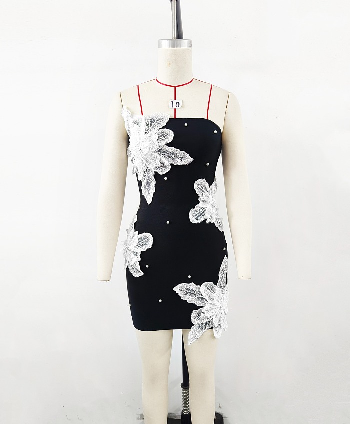 Strapless Mini Dress With Contrasting Lace Flower Embellishments - Black