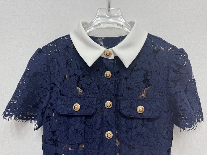 Floral Lace Midi Dress with Tailored Collar and Belted Waist - Navy