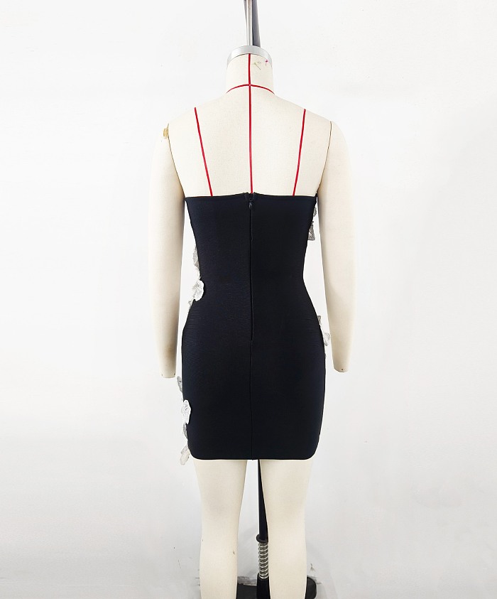 Strapless Mini Dress With Contrasting Lace Flower Embellishments - Black