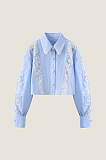 Cropped Striped Shirt with Lace Panels - Blue